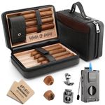 LIHTUN Cigar Humidor, Leather Cedar Wood Travel Cigar Case and Multifunctional 5-in-1 Cigar Lighter Set - Portable Travel Humidor Box with 2 Two-Way Humidity Packs - Cigar Gift for Men (Black)