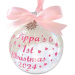 Personalised Bauble Printed with your Baby's Name! ~ Baby's First 1st Christmas 2024 ~ Ribbon/Print available in Red, Gold, Silver, Pink, Blue!