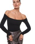 INLYRIC Women's Natrelax Off The Shoulder Bodysuit Long Sleeve Thong Sexy Bodycon Slim Fit Tops Leotard Black Small