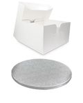 Single White Cake Box and Silver Round Board Pack - Thick Drum for Wedding, Party etc (9 Inches)