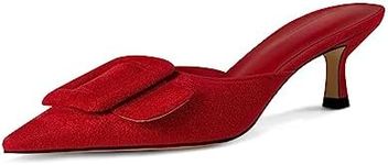 Volrina Kitten Heel Mules Sandals for Women Pointed toe Square Buckle Backless Slip on Suede Stiletto Dress Heeled Sandals Wedding Party Shoes, Red, 9 UK