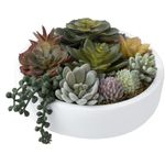 MyGift 8 Inch Round Modern Artificial Succulent Arrangement Potted in White Concrete Plant Bowl, Assorted Faux Mini Succulents in a Decorative Planter Pot