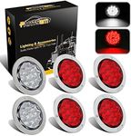 Partsam 2xWhite + 4xRed 4" Round Chrome Rings 15 LED Stop Turn Tail Brake Backup Light 12V, Sealed led 4 Inch Truck and Trailer Tail Lights Taillights