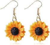 Sunflower Earring Handmade Wooden Bohemian Sunflower Dangle Drop Earrings Resin Yellow Sunflower Daisy Earring for Women Girl Sunshine Jewelry, Resin