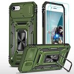 YmhxcY for iPhone SE 3 2022 Case,iPhone SE 2020 Case, iPhone 8/7 Case, iPhone 6/6S Case and Military-Grade Explosion-Proof Screen Protector [2 Packs] 360° Can Rotate Stand-Olive Green