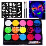 URAQT Face Paint Kit, 15 Color Neon Ultraviolet Glow Face Painting Palette with 2 Brushes 40 Stencils, Face Paints Safe Body Painting for Adults Kids Party Carnival, Makeup Paint Non - Toxic to Use…