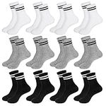 Partideal 12 Pairs Kids Socks Junior Crew Cotton School Sports Socks, Black White Grey Striped Cotton School Athletic Socks, Casual Stretchy Socks for Girls and Boys(9–12 years old Multi)