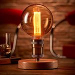 Auraglow Mysa Vintage Retro Wooden Round Base Mechanical Twist Switch Brass Table, Desk or Bedside Lamp/Light - With G125 LED Bulb