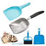 4 Pcs Cat Litter Scoop Set, Large Metal Cat Litter Scoop Long Comfy Handle Fast Sifting Deep Shovel with Small Holes Cat Poop Scoop Hand Brush Small Dustpan (L)