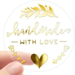 100 Pcs Handmade with Love Stickers, Gold Foil Transparent Round Labels for Small Business Packaging, Handmade Craft Seals for Envelopes Gifts, 1.6 Inch