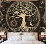 Tree of Life Tapestry Gloden Sun and Moon Wall Hanging Tapestry Spiritual Galaxy Stars Wall Tapestries for Bedroom Dorm Living Room Decor (H60 x W82 inches, Gold)