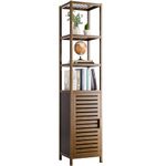 HITNET Bathroom Storage Cabinet Bamboo, Tall Narrow Space Saver Organizer Floor Standing for Kitchen, 4 Open Shelves and 1 Cupboard with Door, Walnut