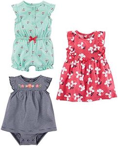 Simple Joys by Carter's Baby Girls' 3-Pack Romper, Sunsuit and Dress, Mint Green Cherry/Navy Stripe/Pink Floral, New Born