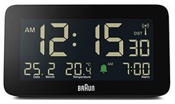 Braun Digital Radio Controlled Alarm Clock For Central European Time Zone (DCF) with Date, Month and Temperature Displayed, Negative LCD Display, Crescendo Beep Alarm, Black, BC10B-DCF.