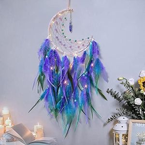 Dremisland Moon Dream Catcher with Fairy Lights-Handmade Feather Lucky Turquoise Pendant Beads Wall Hanging Ornament for Kids Bedroom Home Decoration,Art Craft Gift. (Blue&Purple)