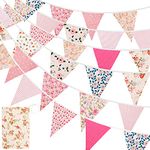 15M/50Ft Fabric Bunting, 45pcs Bunting Banner Cotton Vintage Floral Triangle Flags for Christmas Garden Birthday Party Outdoor Hanging Decoration（Pink）