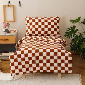 Pureant Pumpkin Plaid Toddler Bedding Sets Checkerboard Grid Comforter 4 Pieces Burnt Orange and White Grid Bedding Soft Crib Bed Set Including Comforter, Flat Sheet, Fitted Sheet and Pillowcase