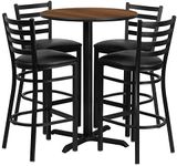 Flash Furniture 30'' Round Walnut Laminate Table Set with X-Base and 4 Ladder Back Metal Barstools - Black Vinyl Seat