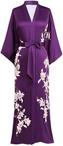 BABEYOND Kimono Robe Cover up Long Floral Satin Sleepwear Silky Bathrobe Bachelorette Robe, Violet, One Size