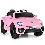 Costzon Ride on Car, 12V Licensed Volkswagen Beetle Battery Powered Vehicle w/Remote Control, Spring Suspension, Lights, USB, Horn, Music, 4 Wheeler for Boy Girl Gift, Electric Car for Kids, Pink