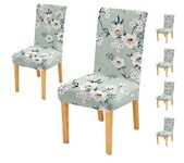 House of Quirk Elastic Chair Cover Stretch Removable Washable Short Dining Chair Cover Protector Seat Slipcover (Pack of 6, Pastel Green Flower), Polyester