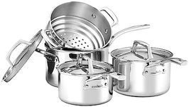 Essteele Clad 4-Piece Stainless Steel Cookware Set, Induction Compatible, Dishwasher & Oven Safe, Includes Steamer, Stainless Steel Saucepan Set, Silver