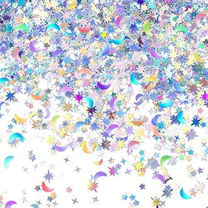 Skylety 60 g/ 2.1 oz Holographic Star and Moon Table Confetti Iridescent Metallic Glitter Foil Sequin Scatter for Halloween Birthday Wedding Festival Party DIY (10 mm, 6 Silver)