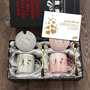 Mr and Mrs Couples Coffee Mugs Cups Gifts-Set for Engagement Wedding Bridal Shower Bride and Groom To Be Newlyweds Anniversary - Ceramic Marble 15 Ounce, Pink Grey