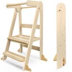 Foldable Toddler Learning Tower, Wooden Standing Tower with Safety Handles, Non-Slip Design&3 Adjustable Heights, Kids Kitchen Helper Montessori Step Stool for Kitchen Counter Bathroom (Natural)