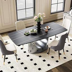 POVISON 94" Modern Dining Table for 8-10, Matte Black Dining Table, Sintered Stone Tabletop with Grey U-Shape Carbon Steel Pedestal, Hobart Rectangle Dining Room Table (Table Only)