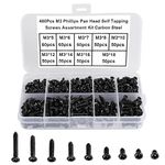 FandWay 480Pcs M3 Phillips Pan Head Self-Tapping Screws, Carbon Steel Round Head Tapping Screws,Wood Screws Assortment Set With Storage Box (Black Oxide)