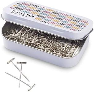 KnitIQ Strong Stainless Steel T-Pins for Blocking Knitting, Crochet & Sewing Projects | 150 Units, 1.5 Inch Pin Needles | Comes with Hinged Reusable Tin (Stitch Design)