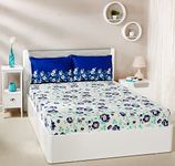 Amazon Brand - Solimo Jasmine Zest 144Tc 100% Cotton Double Bedsheet With 2 Pillow Covers, Blue, Floral, 144 tc