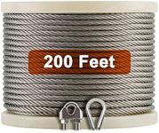 Fiberfly 1/4" Stainless Steel Cable, 200Ft, Zipline Aircraft Wire Rope with Clamps & Thimbles for Zipline, Deck Railing, String Lights, 7 x 19 Strands Construction