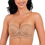 WingsLove Womens Push Up Strapless Bra Sexy Lace Underwire Lightly Lined Padded Balconette Bra(Milkycoffee，38B)