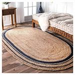 Ripaz Vogue Jute Rug Natural Jute Hand Braided Oval Shape Area Rug Hallway Rug Living Room Rug (210 x 330 cm (7x11 Feet), Beige + Black Line)