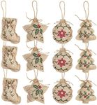 BELLE VOUS 12 Pcs Burlap Tree Ornaments - 3 Pcs x 4 Shapes Stocking Tree Ball and Star Eco Christmas Decorations - Xmas Tree Hangings for Christmas Party