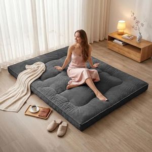 NLDD Futon Mattress Queen Size, 4" Thicken Japanese Futon Mattress Sleeping Pad, Corduroy Foldable Floor Mattress, Roll Up Tatami Mat for Adults Guest Room Bedroom, Grey