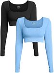 OQQ Women's 2 Piece Crop Top Ribbed Seamless Workout Exercise Long Sleeve Crop Tops Black Candyblue