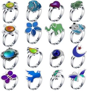 ACCHEN 16 Pieces Mood Rings Turtle Eye Panda Elephant Butterfly Lion Change Color Emotion Feeling Finger Ring, Adjustable, Metal