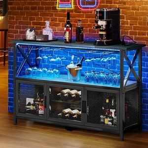 YITAHOME 55" Bar Cabinet with LED Lights, Wine Cabinet with Power Outlet, Bar Table Stand with Wine Rack, Storage Cabinets, Adjustable Shelf, Black Oak