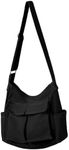 Messenger Bag Crossbody Men Women, Canvas Shoulder Bag with Zipper Water Bottle Holder College Work(Black)