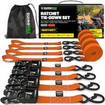 Rhino USA Ratchet Straps Heavy Duty Kit (4-Pack) - 1.6 Inch x 8 Feet (5,208lb Break Strength) - Ultimate Tie Down Straps with Safety S Hooks for Trucks, ATV, UTV, Motorcycle, Cargo & More - Orange