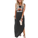 Sxkayxr Women's Summer Sleeveless Maxi Dress Casual Loose Beach Good Vibes Tshirt Dresses with Pockets Dark Grey