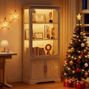 Lareth Display Cabinet with Glass Doors, 69 in Tall Bookcase with LED Lights, Glass Display Case Kitchen Pantry Cabinet, 5 Tier Curio Storage Cabinet for Living Room, Home Office, White