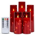 IMAGE Flickering Flameless Candles Battery Operated, Acrylic Shell Pillar 3D Wick LED Candles with 11-Key Remote Control Timer for Wedding Christmas Home Decor Set of 5, Red