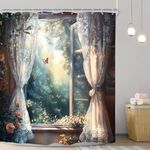 Riyidecor Fantasy Garden Shower Curtain 72Wx72H Inch Window Flower Rustic Farmhouse Nature Landscape Scenery Pretty Oil Painting for Women Girl Bathroom Decor Fabric Polyester Waterproof 12 Pack Hooks