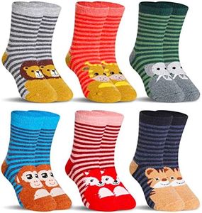 Kids Merino Wool Socks Boys Girls Hiking Boot Winter Thermal Warm Cozy Soft Toddler Thick Crew Socks 6 Pairs, 6 Pairs Stripe Animal, 8-12 Years