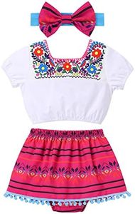 Kids Toddler Girls Traditional Mexican Off-Shoulder Floral Embroidered Drape Dress, Hot Pink 3pcs, 6-12 Months