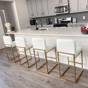 ALPHA HOME 24” Bar Stools Set of 4 Counter Height Bar Stool Pu Leather Kitchen Modern Bar Stools with Backrest Upholstered Footrest Sturdy Chromed Metal Steel Frame, Off-White